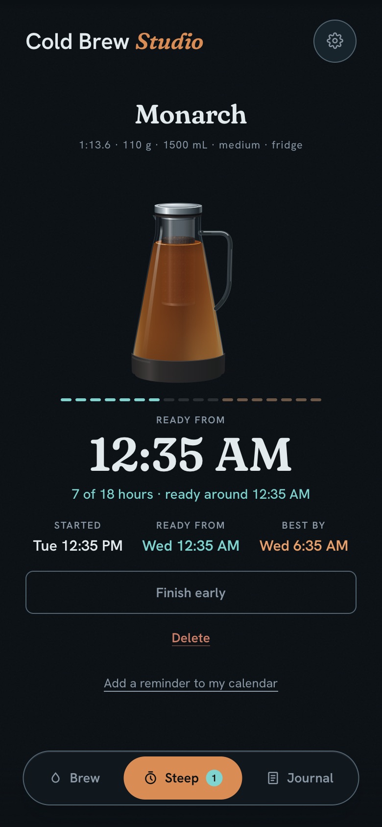 Cold Brew Studio steep timer, seven of eighteen hours into a batch called Monarch