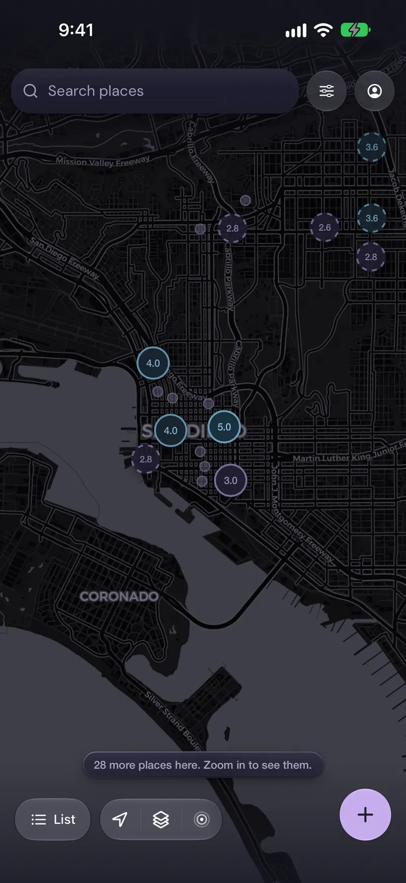 Quiet Spaces map at night, with nearby venues marked by how easy it is to talk